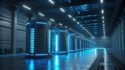 A futuristic data center featuring illuminated server racks in a sleek, industrial environment.