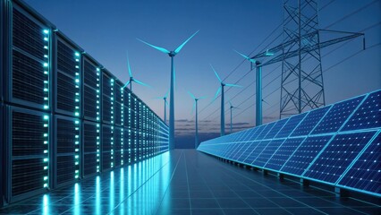 A futuristic energy landscape showcasing solar panels and wind turbines against a twilight sky, emphasizing renewable energy and technology.