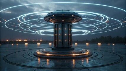 A futuristic structure emits glowing circular lights against a dark sky, creating an otherworldly atmosphere.