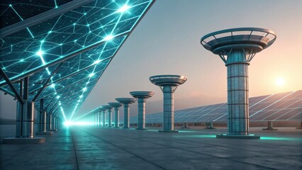 A futuristic solar power facility featuring sleek solar panels and illuminated columns, set against a sunset backdrop.