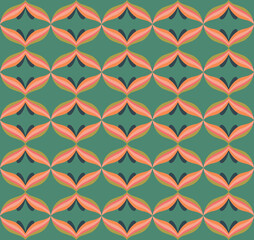 Retro midcentury pattern of layered teardrop floral motifs in peach, pink, orange and dark teal, arranged symmetrically on deep teal green. Flat vector style, clean. Crisp midcentury vibe
