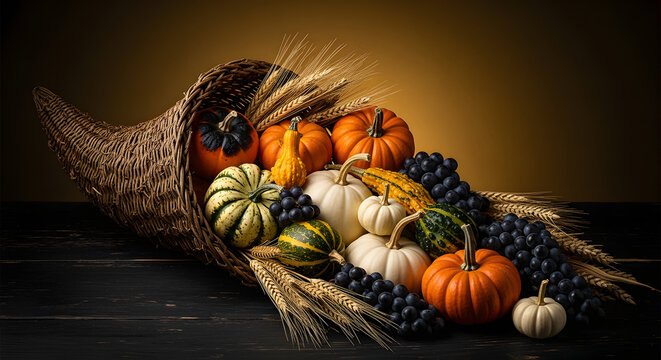 A bountiful cornucopia overflowing with colorful gourds, pumpkins, grapes, and wheat stalks creates a warm and inviting autumn harvest still life arrangement.