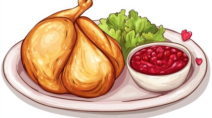 Roasted Turkey With Cranberry Sauce On A Festive Plate