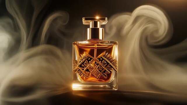 AI generated animation of a square golden perfume or cologne bottle with intricate geometric patterns