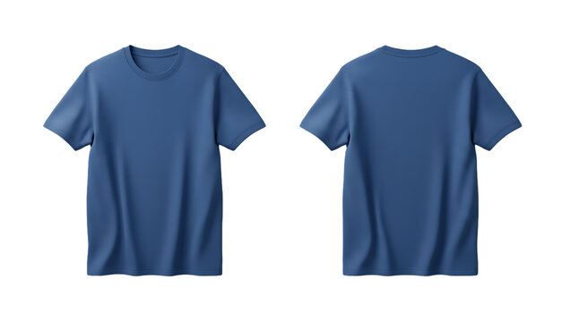 Realistic blue tshirt mockup showing front and back views. Blank cotton apparel template for custom design and online store merchandise