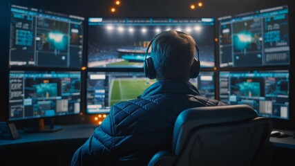 Operator wearing headphones monitoring multiple complex data dashboards and a central soccer stadium view. - Powered by Adobe