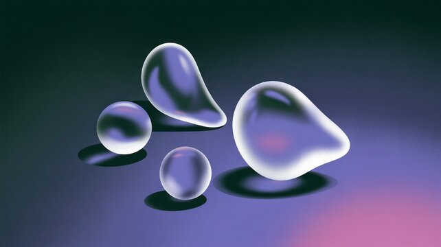 Abstract translucent fluid shapes with soft purple gradient backdrop