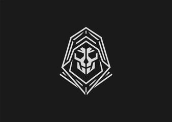 A minimalist grim reaper logo in line art style, featuring a hooded figure with a scythe, symbolizing mystery and mortality, designed as a modern creative vector concept