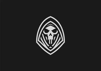 A minimalist grim reaper logo in line art style, featuring a hooded figure with a scythe, symbolizing mystery and mortality, designed as a modern creative vector concept
