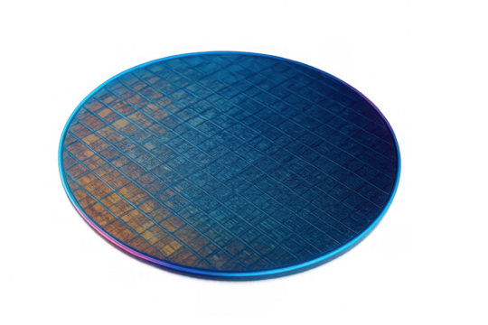 Silicon wafer showing microchips for modern semiconductor technology and computer processors on a transparent background