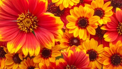 Fototapeta premium Close-up view of bright orange and red flowers filling the frame