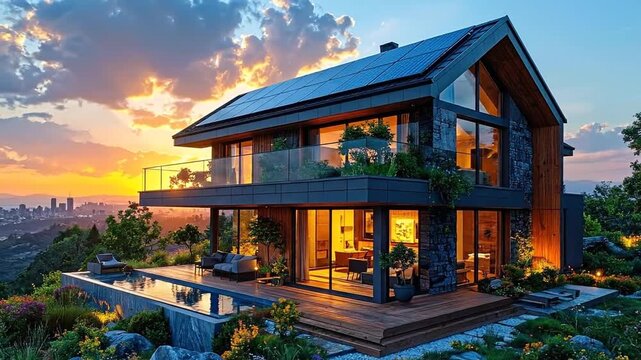 Luxurious modern home with breathtaking city views, an infinity pool, and sustainable solar power, bathed in the golden glow of a spectacular sunset