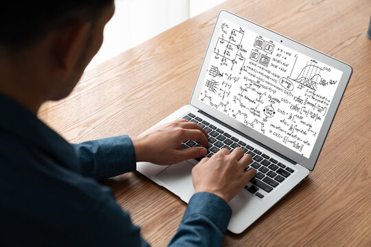 Mathematic equations and modish formula on computer screen showing concept of science and education