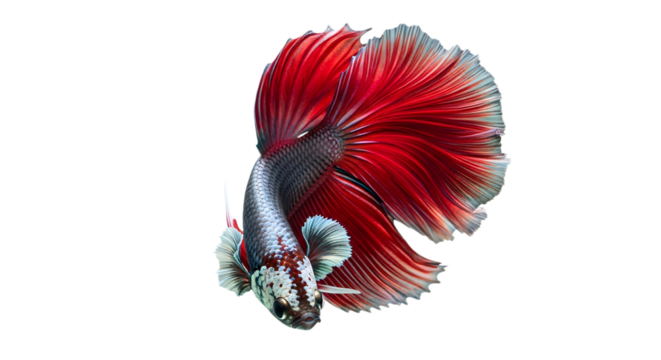 A close up of a red and silver betta fish swimming on transparent background