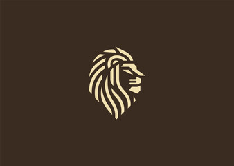 A majestic lion head logo in detailed line art, representing courage, strength, and royalty, drawn with elegant flowing lines in a clean minimalist vector design