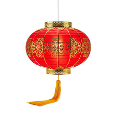 Traditional chinese red lantern with golden intricate patterns and tassel hanging isolated on transparent background