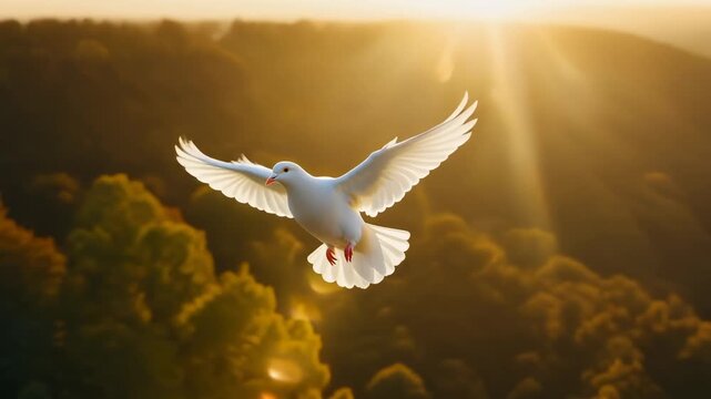 Paloma blanca volando majestuosamente al amanecer sobre un paisaje boscoso con rayos de sol dorados.