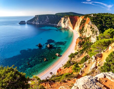 A picturesque beach nestled between cliffs, with clear turquoise waters - Powered by Adobe