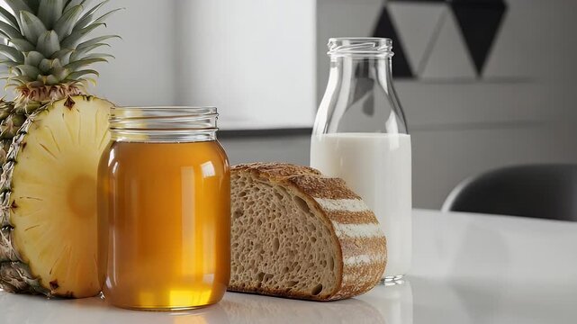 Healthy food variety still life with fresh fruit bread and natural sweetener
