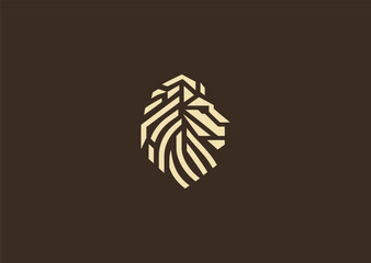 A majestic lion head logo in detailed line art, representing courage, strength, and royalty, drawn with elegant flowing lines in a clean minimalist vector design