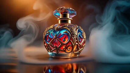 AI generated animation of a vibrant multi-colored perfume bottle with intricate gold filigree and mystical smoke - Powered by Adobe