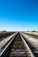 Fototapeta premium Straight Railway Tracks Vanishing Horizon Blue Sky