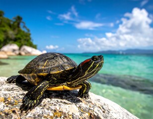 Close-up of a turtle basking on a rock near clear turquoise water