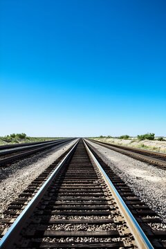Straight Railway Tracks Vanishing Horizon Blue Sky