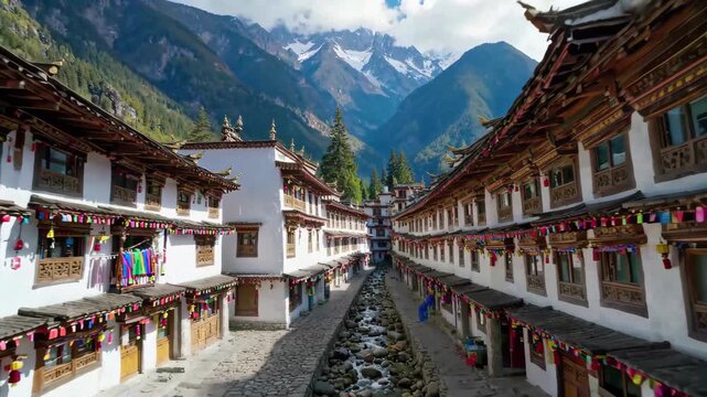 The style of Shangri-La Ancient City, a Tibetan-style architectural street under the snow-capped mountains in western Sichuan