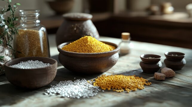 Spices and grains in rustic bowls on wooden kitchen table