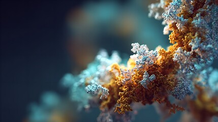 Abstract macro view of a complex molecular structure with intricate details and vibrant orange and blue colors, representing scientific research and biological processes