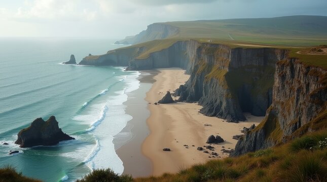 Dramatic coastal cliffs meet sandy beach and turquoise ocean waves