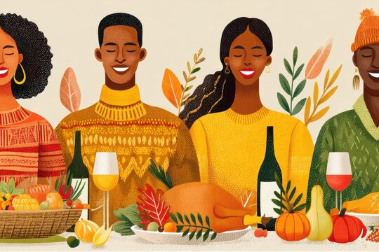 Cartoon characters sharing a meal in celebration of black history month with symbols of culture