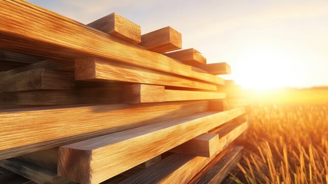 Stacked wooden beams bathed in warm sunlight outdoors