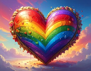 Vivid rainbow heart in gold frame, against cloudy sky