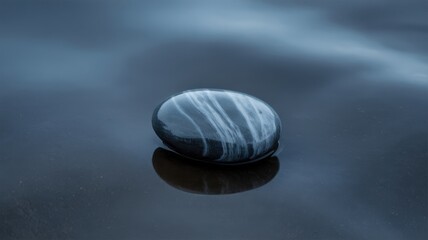 Smooth striped stone on calm dark reflective wet surface still