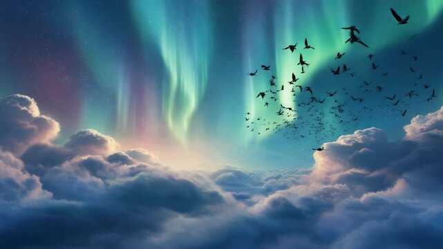Aurora boreal vibrante sobre un mar de nubes con p&aacute;jaros volando en un cielo m&iacute;stico.