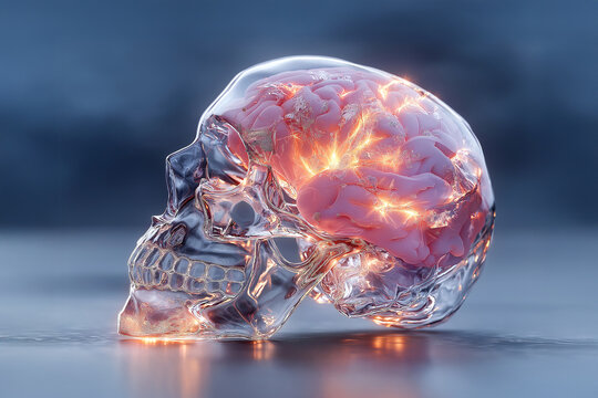 Futuristic Transparent Glass Brain with Multicolor Neural Pathways and Light Reflections