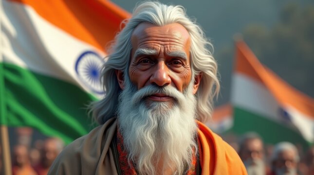Elderly indian man with long white beard and indian flags in background
