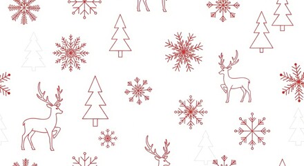 Christmas seamless pattern with snowflakes, reindeer, and pine trees, red and white minimalist style