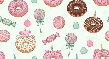 Birthday donut and candy pattern, sweet pastel tone, cute bakery theme