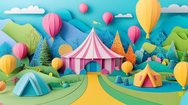 Colorful Circus Tent and Hot Air Balloons in a Whimsical Landscape Illustration