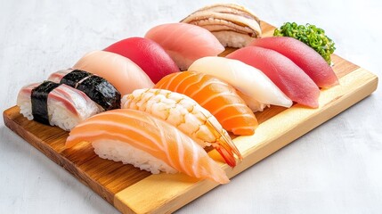 Sushi and sashimi assortment on a wooden tray up close