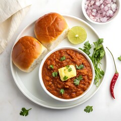 A flavorful and inviting arrangement of pav bhaji, a popular Indian street food, accompanied by fresh ingredients and artistic garnishes.