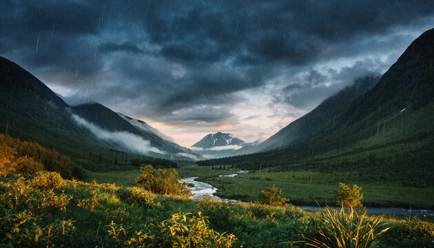 A lush green valley nestled between mountains under a moody sky, with rain showers creating a dramatic monsoon atmosphere.