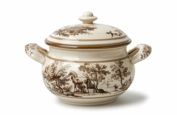 Vintage Elegance - Hand-Painted Porcelain Soup Tureen with Pastoral Scenes on White Background