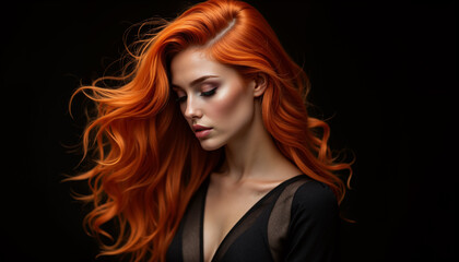 Naklejka premium Beautiful young woman with vibrant, luxurious long orange hair flowing against a dark black background, professional beauty and style.