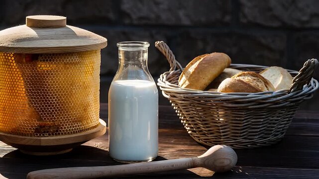 Rustic morning breakfast scene featuring fresh bread and milk with wooden elements in natural sunlight