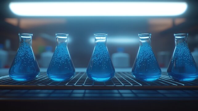 Three Erlenmeyer flasks containing vibrant blue liquid in a laboratory