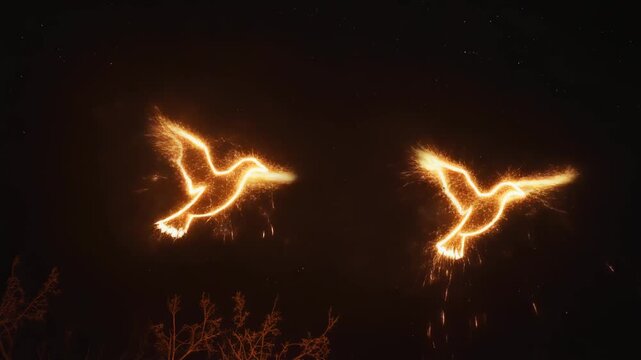 Dos siluetas de p&aacute;jaros ardientes iluminan la noche oscura con un brillo m&aacute;gico y et&eacute;reo.